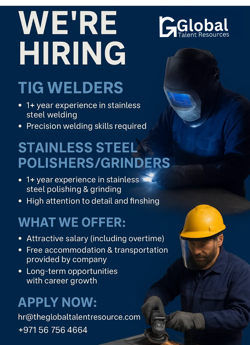 TIG Welder jobs UAE, Stainless Steel Polisher jobs, Welding careers UAE, Skilled trades hiring Dubai, Kitchen manufacturing jobs UAE, TIG welding stainless steel vacancies, Overseas recruitment welders UAE.