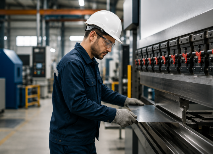 Experienced Bending Machine Operator operating industrial metal fabrication equipment in a modern manufacturing facility